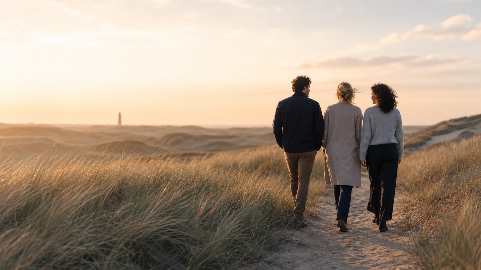 Drie mensen wandelen samen door de duinen bij zonsopkomst